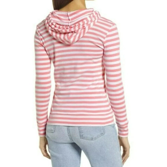 Caslon Hoodie Women Sm White Pink Flamingo Charm Striped Knit Drawstring Stretch - Picture 2 of 12